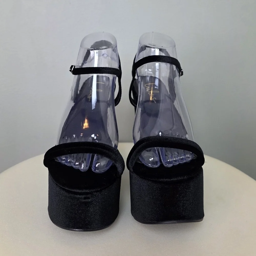 Lulus Serenitie Black Velvet Platform High Heel Chunky Bold Sandals, Size 7.5